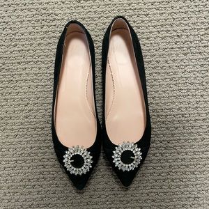 J. CREW Pointy Black Suede Flats with Rhinestone Buckle